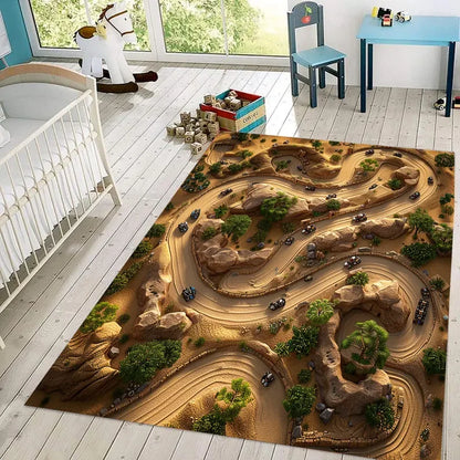 Race Track Play Rug Kids Playroom Kilim Base Racetrack Room Rug Non-Slip Car Play Mat Living Room Bedroom Home Decor Carpet