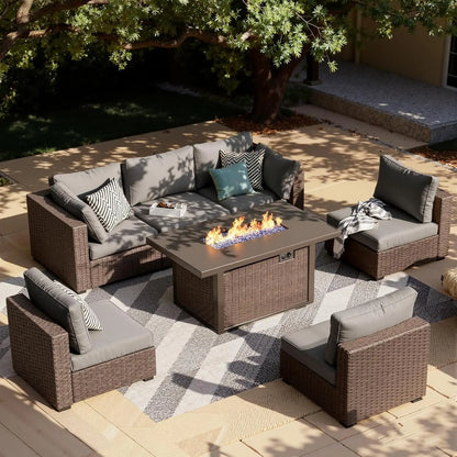 7-Pieces Patio Furniture Sets Outdoor Sectional Sofa with 44'' Propane Rattan Wicker Firepit Table, Patio Sectional, Customized