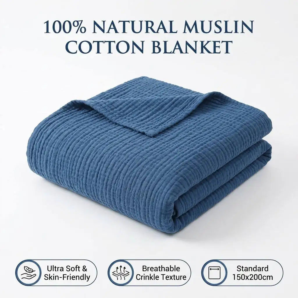 100% Cotton Muslin Blanket 6 Layers Gauze Skin-friendly Breathable Cotton Throw Blue Gauze Blanket for Adults Kids 130*150cm