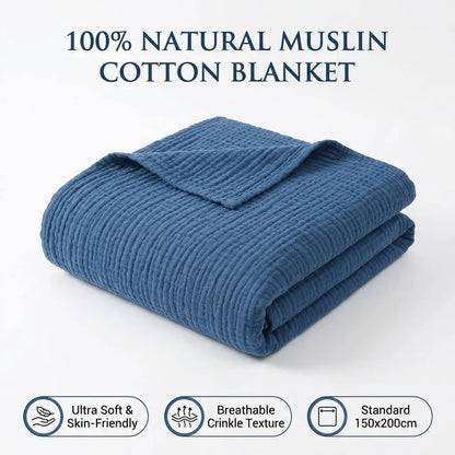 100% Cotton Muslin Blanket 6 Layers Gauze Skin-friendly Breathable Cotton Throw Blue Gauze Blanket for Adults Kids 130*150cm