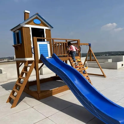 Outdoor Waterproof Wooden Playhouse With Slide Swing Set and Sandbox Kids' Playground Play House for Patio Backyard