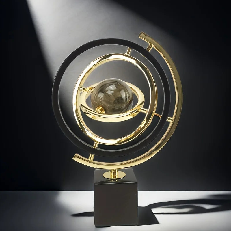 1PC Modern Abstract Metal Globe Sculpture Black & Golden Art Decor with Rectangular Base for Home Office Living Room Study Shelf