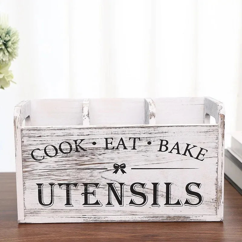 1pc Rustic Wooden Kitchen Utensil Holder - 3-Compartment Countertop & Wall-Mounted Organizer for Forks, More - Space-Saving