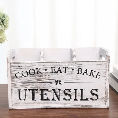 1pc Rustic Wooden Kitchen Utensil Holder - 3-Compartment Countertop & Wall-Mounted Organizer for Forks, More - Space-Saving