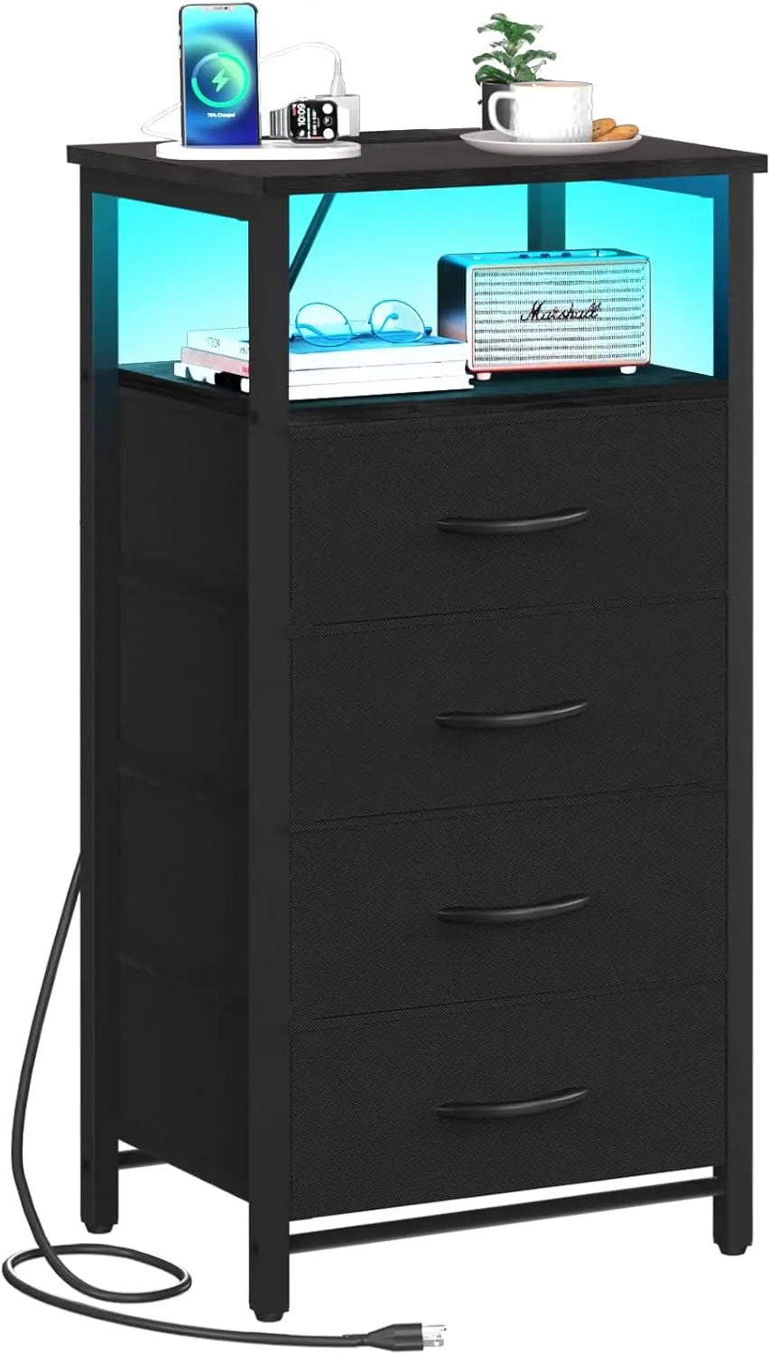 LED Rustic Nightstand with Charging Station 4 Storage Drawers and Storage Shelf End Table with USB Ports and Outlets Furniture