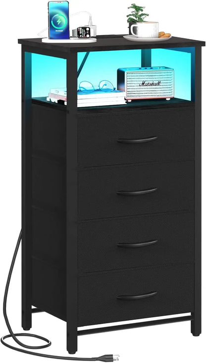 LED Rustic Nightstand with Charging Station 4 Storage Drawers and Storage Shelf End Table with USB Ports and Outlets Furniture