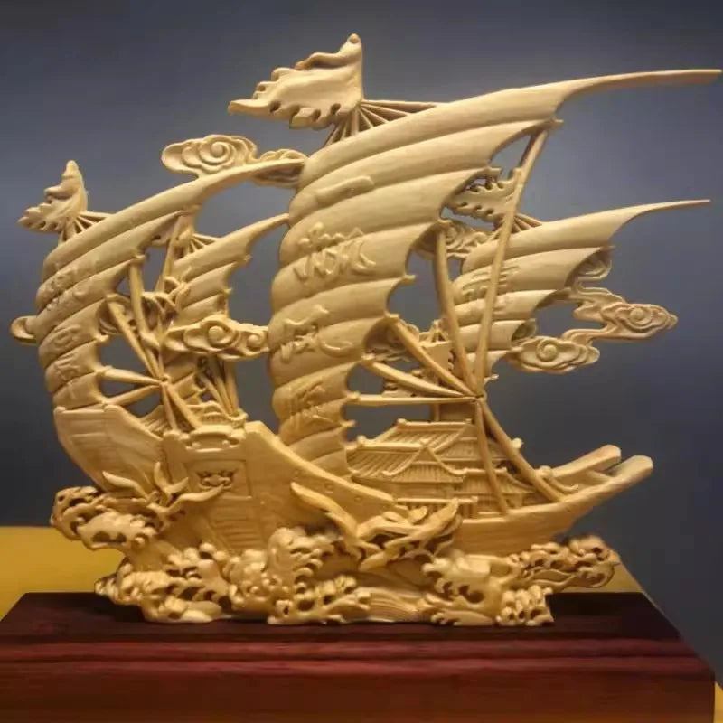 Boxwood Carved "Smooth Sailing" Boat Sculpture Auspicious Blessing for Home Office Decor