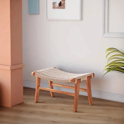 Handcrafted Solid Wood Woven Low Stool Rope-Woven Rattan Footrest Bench for Home Dining Entryway Bed-End