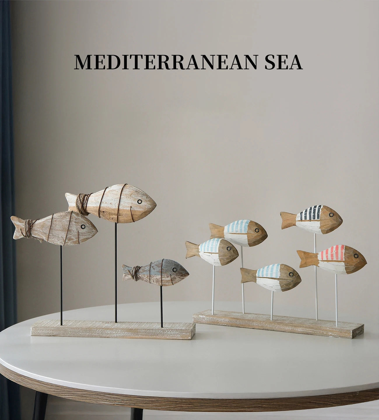 Retro Mediterranean Style 3D Wooden Shoal of Fish DecorationsHand Carving Ocean Desktop Crafts Ornaments DIY Bar Cafe Home Decor