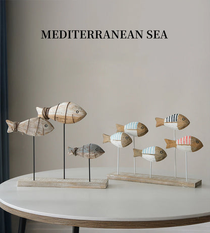 Retro Mediterranean Style 3D Wooden Shoal of Fish DecorationsHand Carving Ocean Desktop Crafts Ornaments DIY Bar Cafe Home Decor
