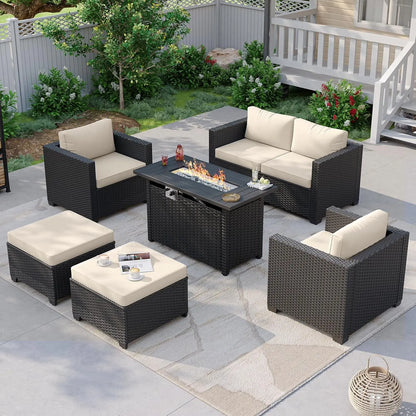#7pc Patio Set Fire Pit Table Wicker Ottomans Rattan Sectional Cushions Cover Navy, Customized