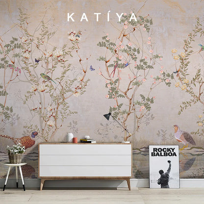 Customized products flower and bird wallpaper new Chinese pastoral flower living room bedroom sofa background wall hotel mural