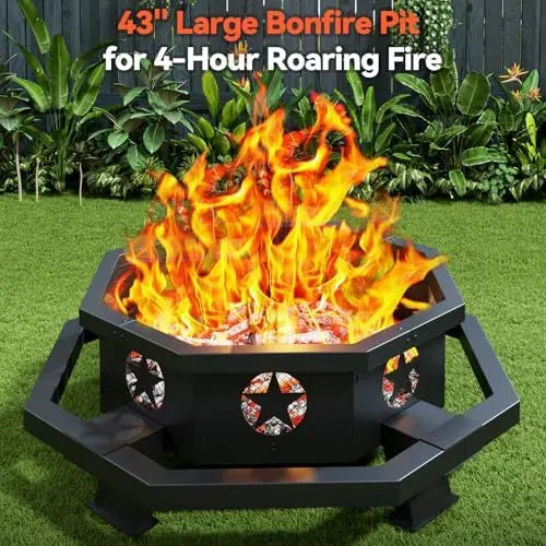 43 inch Large Fire Pit, Outdoor Fire Pit with Heavy Duty truction, Wood Burning Fire Pits for Outside Octagonal Firt