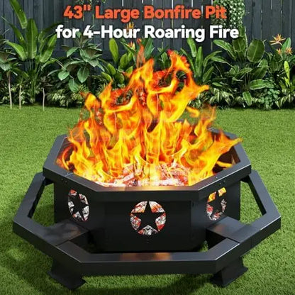 43 inch Large Fire Pit, Outdoor Fire Pit with Heavy Duty truction, Wood Burning Fire Pits for Outside Octagonal Firt