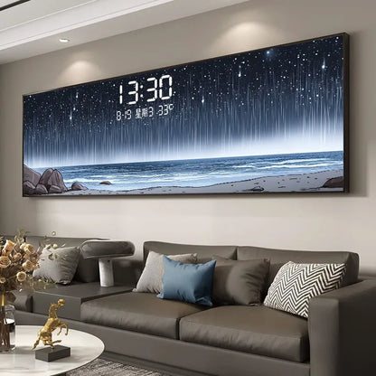 Modern Luxury Living Room Decoration Painting Led Electronic Clock Sofa Background Mural Light Horizontal Hanging Painting