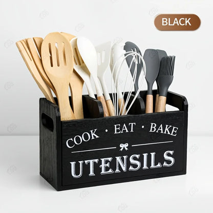 1pc Rustic Wooden Kitchen Utensil Holder - 3-Compartment Countertop & Wall-Mounted Organizer for Forks, More - Space-Saving