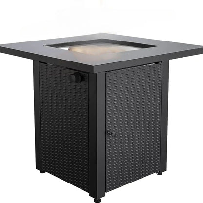 L # Wicker &Rattan Square Propane Fire Pit Table, Outdoor Dinning Gas Fire Table With Lid, Lava Stone, ETL Certification