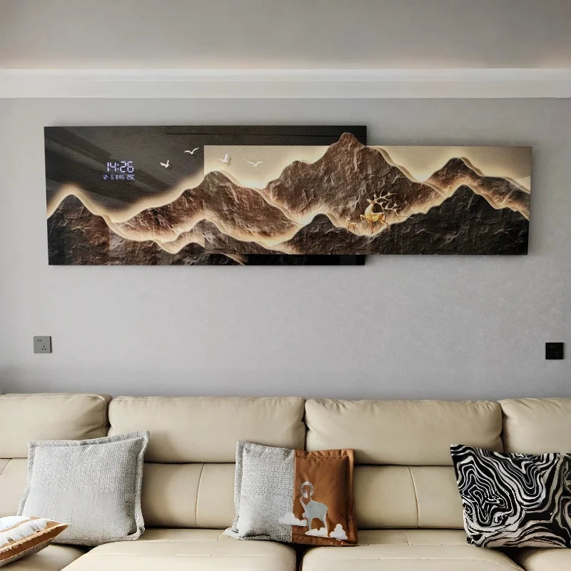 Living Room Decoration Lights Painting Light Luxury Sofa Background Wall Clock Lights Painting High-end Clock Hanging Painting