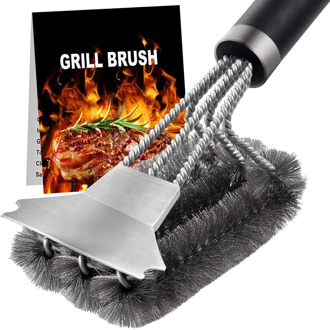 Stainless steel grill cleaning brush, outdoor BBQ grill wire brush with scraper, grill accessories, picnic tools