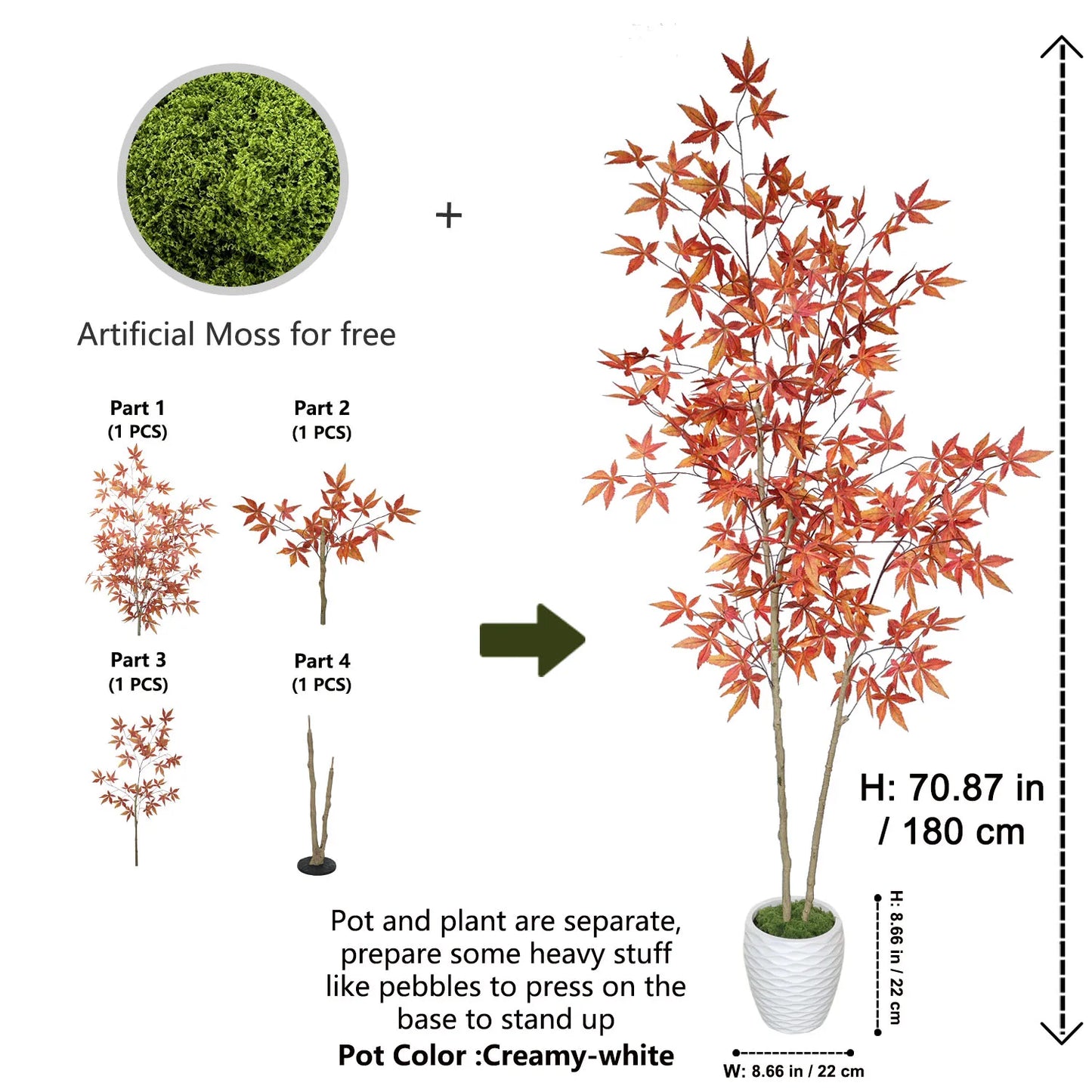 180-210cm/6.9ft Artificial Maple Plant Tree Potted Autumn Indoor Outdoor Ornament Home Garden Balcony Living Room Party Decor