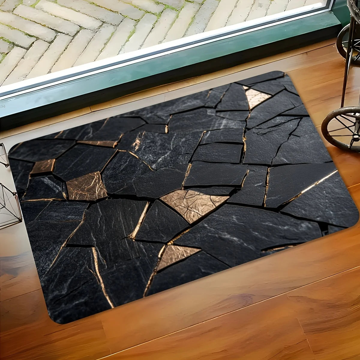 Black Gold Marble Indoor Outdoor Rug – Non-slip Mat for Bathroom Kitchen Living Room Patio Café Bar, Ideal Gift