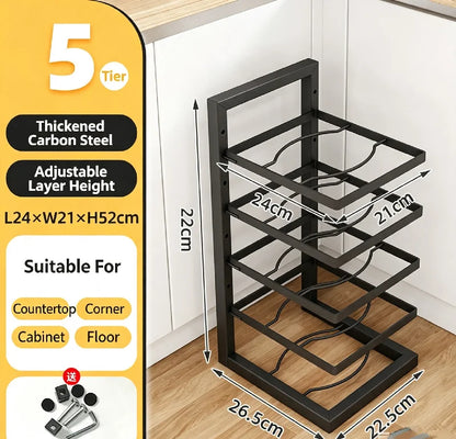 Adjustable Pot Rack Organizer, Kitchen Carbon Steel Pot Storage Rack, Multi-Layer Household Pot and Pan Organizer for Cabinet Un