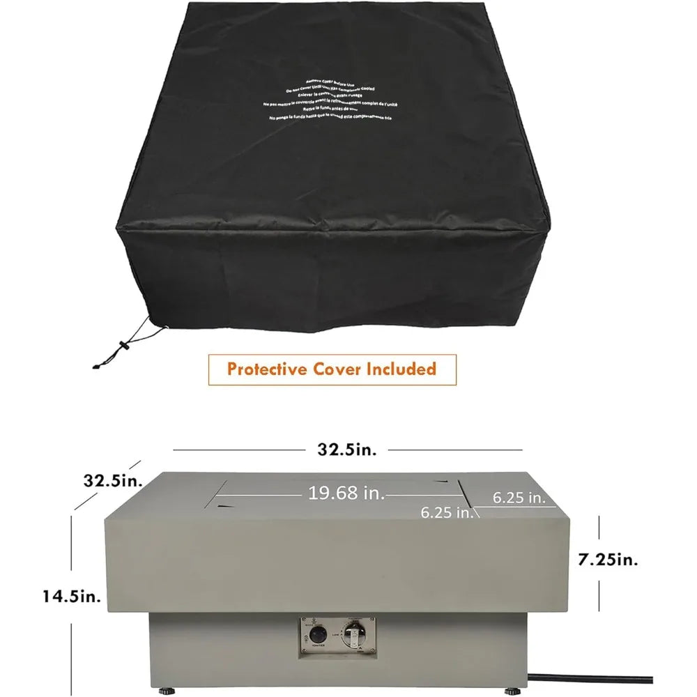 33-inch 50,000 BTU Outdoor Gas Fireplace for Patio, Square Low Profile Fire Table W/Lid, Glass Rocks, Ra