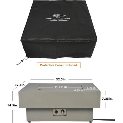 33-inch 50,000 BTU Outdoor Gas Fireplace for Patio, Square Low Profile Fire Table W/Lid, Glass Rocks, Ra
