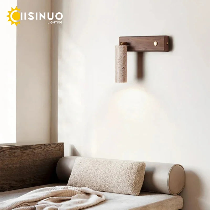 Wabi‑Sabi Natural Yellow Travertine Stone Wall Lamp Wood Rotating Light with Switch Bedside Light for Bedroom Corridor Home Deco