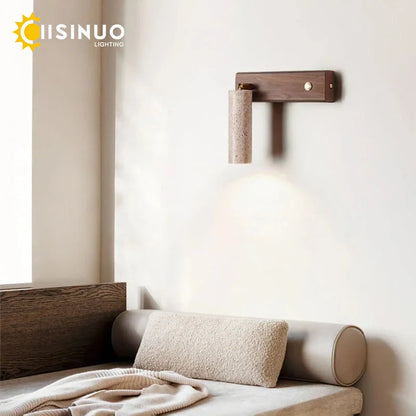 Wabi‑Sabi Natural Yellow Travertine Stone Wall Lamp Wood Rotating Light with Switch Bedside Light for Bedroom Corridor Home Deco