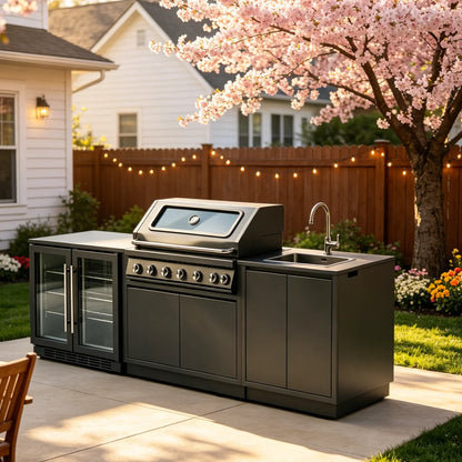 Sturdy 304 Stainless Steel Outdoor Kitchen Cabinet With Grill Cooktop Sink Fridge Rolling Movable On Wheels For Backyard Patio G