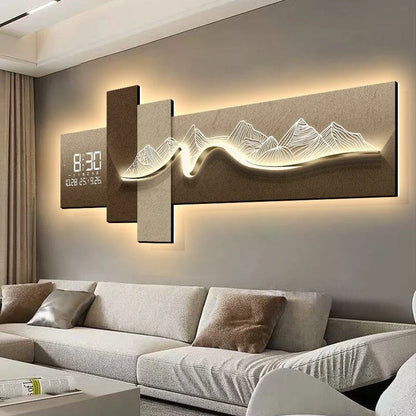 Modern Living Room Decoration Painting With Mountain Backed Led Clock Wall Lamp Painting Sofa Background Wall Hanging Painting