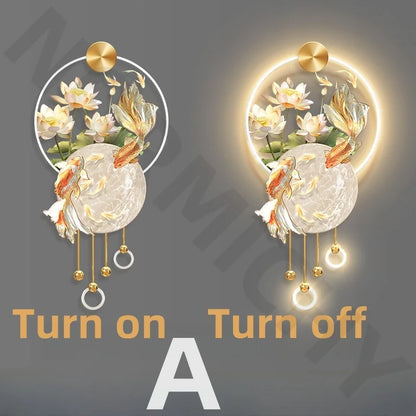 Koi Carp Living Room  Study Room  Bedroom Decoration  Painting Lamp  Lotus Corridor  Hanging Painting Of Nine Fish Wall Lamp LED
