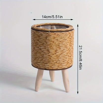 Charming Rustic Rattan Planter With Wooden Legs - Versatile Woven Storage Basket For Indoor/Outdoor Plants & Decor