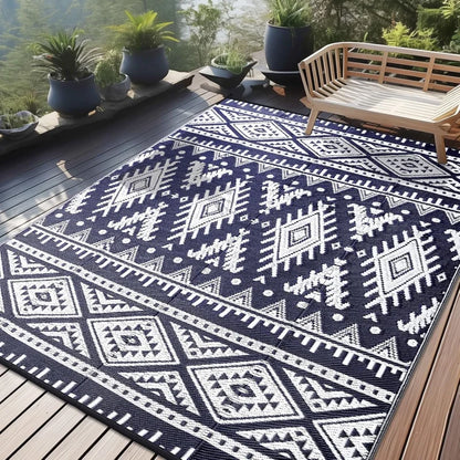 VIKAMA Bohemian Geometric Outdoor Rug Non-Slip Wear-Resistant Balcony Terrace Mat Camping Picnic RV Carpet Home Decoration