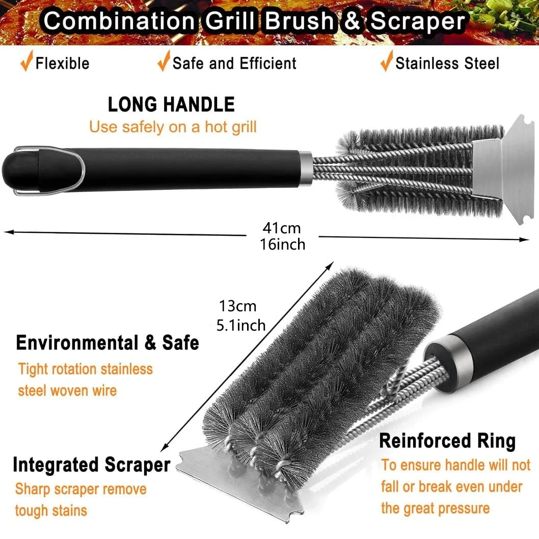 Stainless steel grill cleaning brush, outdoor BBQ grill wire brush with scraper, grill accessories, picnic tools