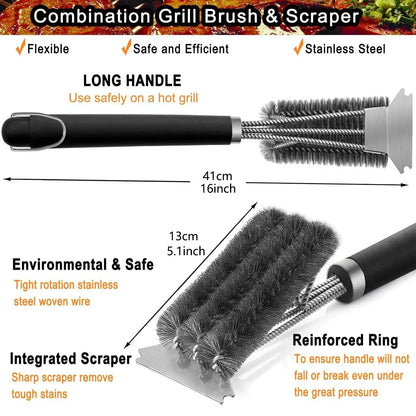 Stainless steel grill cleaning brush, outdoor BBQ grill wire brush with scraper, grill accessories, picnic tools