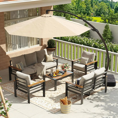 7-Seat Oversized Aluminum Patio Set, Washable Thick Cushions, Coffee Table & Umbrella, Custom