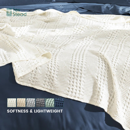 Bamboo Cotton Waffle Cooling Blanket, 50% Bamboo 50% Cotton Summer Throw, Lightweight Breathable for Hot Sleepers, Solid Color