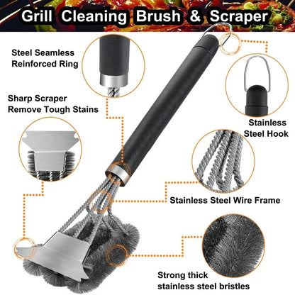 Stainless steel grill cleaning brush, outdoor BBQ grill wire brush with scraper, grill accessories, picnic tools