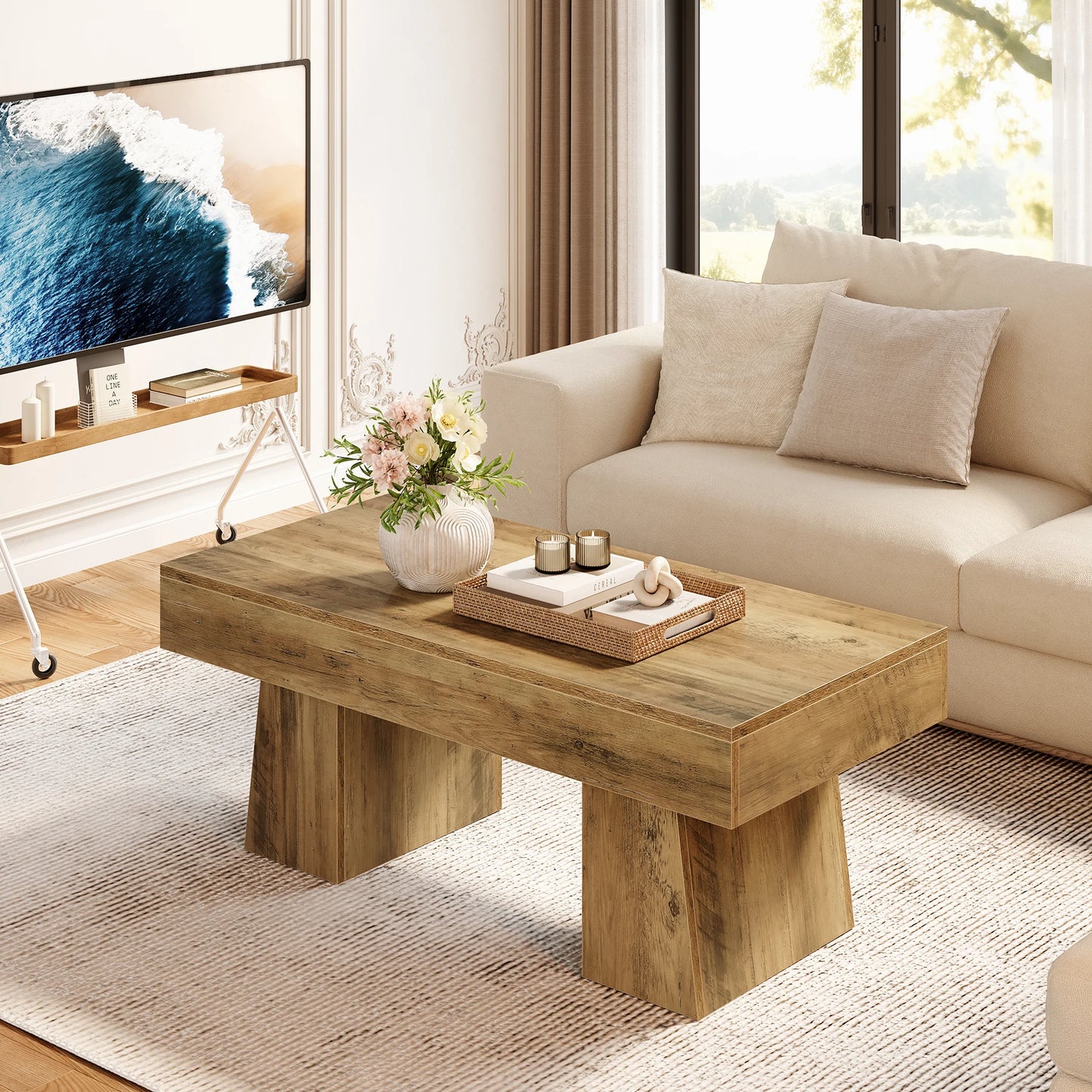 Tribesigns Vintage Coffee Table, 120cm Wooden Accent Center Tables with Thick Base, Modern Low Cocktail Tea Furniture for