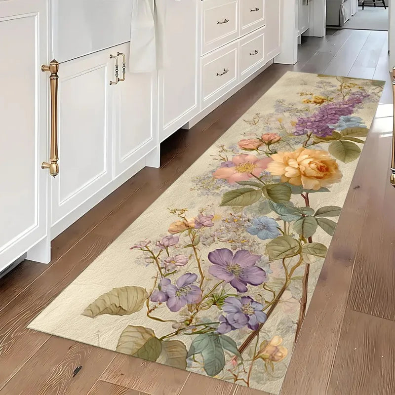Floral Pattern Runner Rug Vintage Flowers Print Home Decor Long Carpet Soft Non-slip Floor Mat for Hallway Bedroom