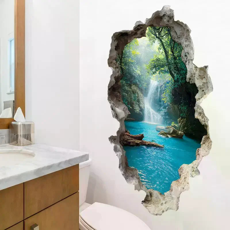 Landscape Wall Stickers For Bedrooms Room Bathroom Home Decoration Stickers Creative Hole Valley Waterfall Scenic Wall Stickers