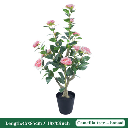 85cm Camellia Topiary Tree with Pot/Spike Realistic Fake Flower Plant Indoor Outdoor Faux Bonsai for Home Garden Office Decor