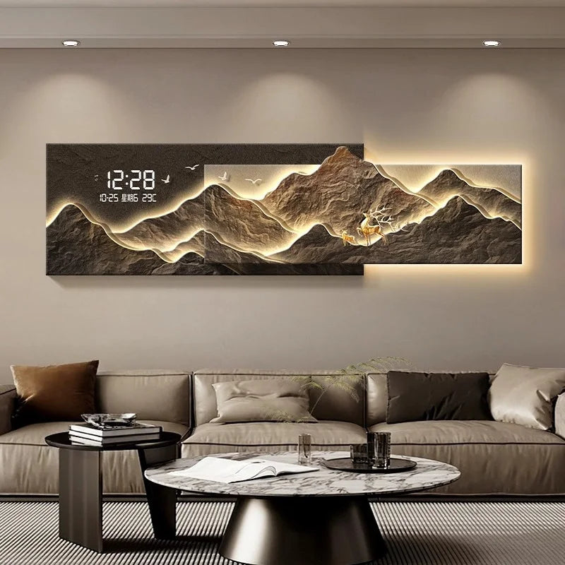 Living Room Decoration Lights Painting Light Luxury Sofa Background Wall Clock Lights Painting High-end Clock Hanging Painting