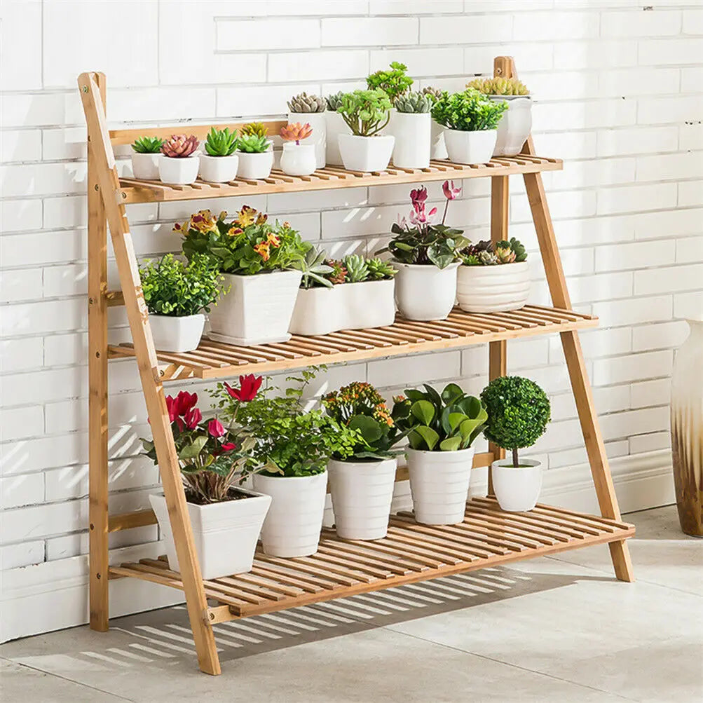 70/100cm Bamboo Plant Stand Folding 3 Tier Flower Pot Display Shelf Indoor Outdoor Ladder Garden Rack for Patio Balcony Living Room
