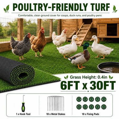 6FT x 30FT Artificial Grass Turf Roll, 0.4in Poultry Coop Flooring Mat for Chickens & Ducks, Quick Drain Synthetic Grass Rug with Black Backing, Easy to Clean Outdoor Farm Run Ground Cover with Stakes