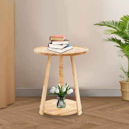 Small Round Side Table, Side Table for Small Spaces, Modern Couch End Table, 2-Tier Rubberwood Nightstand for Living Room Bedroom, 50x50x60cm, Natural Wood Color