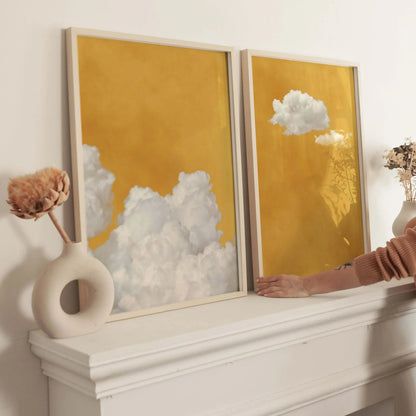Yellow Background White Cloud Wall Art Poster Abstract Sky Art Canvas Prints Are Used for Modern Living Room Bedroom Home Decor