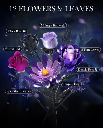 1218PCS Dark Romance Flower Building Blocks Gothic Bouquet With Vase Model Educational DIY Toy Desktop Decoration Gift For Adult